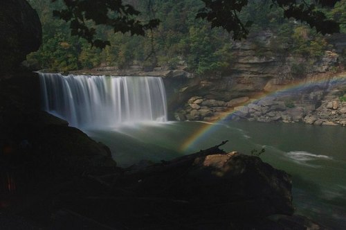 A serene waterfall cascades into a river, with a vibrant rainbow arching over the scene amidst lush greenery.