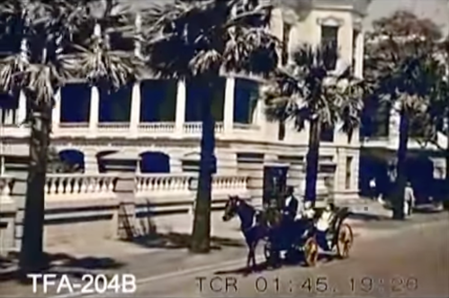 A vintage scene featuring a horse-drawn carriage on a palm-lined street in front of a grand building.