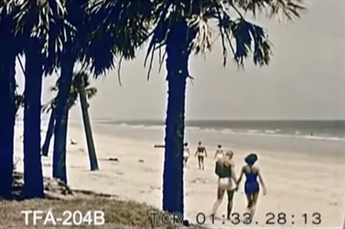 Two women walk hand in hand along a beach, with palm trees and people in the background.
