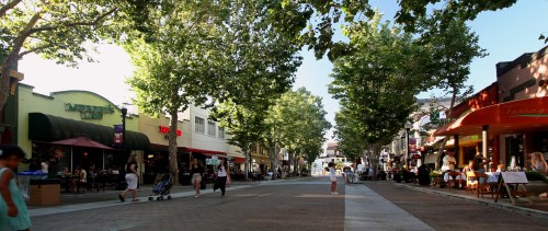 A lively street scene with shops and cafes, lined with trees and people walking, enjoying the sunny day.