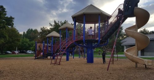 A playground with slides and climbing structures, surrounded by trees and a cloudy sky. Children play on the equipment.