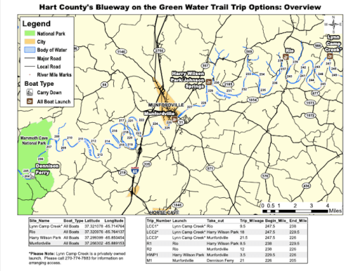 Map of Hart County's Blueway on the Green Water Trail, showing trip options, waterways, and key locations.