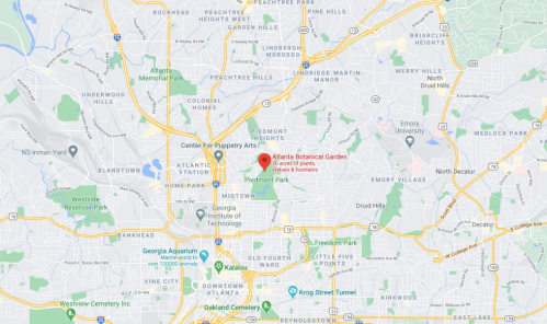 Map showing the location of the Atlanta Botanical Garden near Piedmont Park in Atlanta, Georgia.