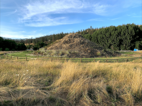 A grassy mound surrounded by a wooden fence, set against a backdrop of trees and a blue sky.