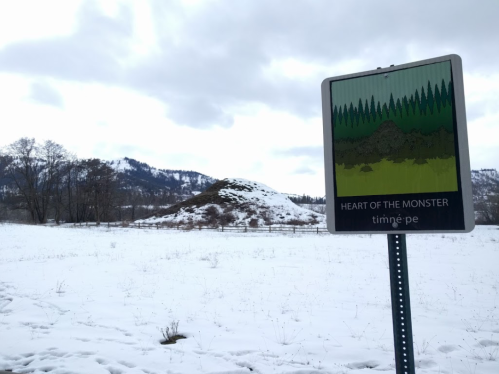 Sign reading "Heart of the Monster" in front of a snow-covered hill and trees under a cloudy sky.
