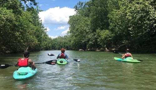 Three people kayaking on a calm river surrounded by lush green trees under a blue sky with fluffy clouds.
