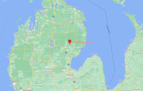 Map showing the location of Lost Valley Campground in Michigan, near the West Branch area.