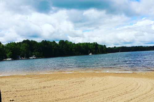 A serene lake view with sandy beach, surrounded by green trees and a cloudy sky.