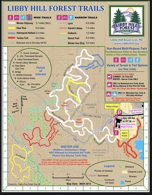 Map of Libby Hill Forest Trails, showing various hiking and biking routes, trail types, and winter use areas.