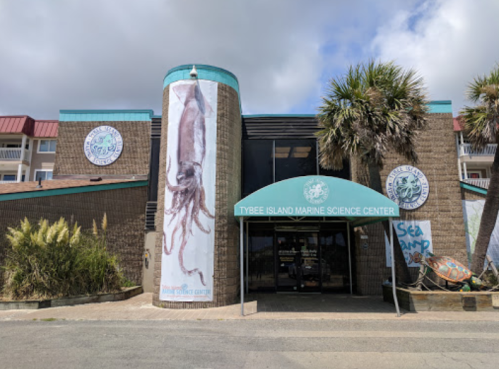 Entrance of the Tybee Island Marine Science Center, featuring a large octopus banner and tropical plants.