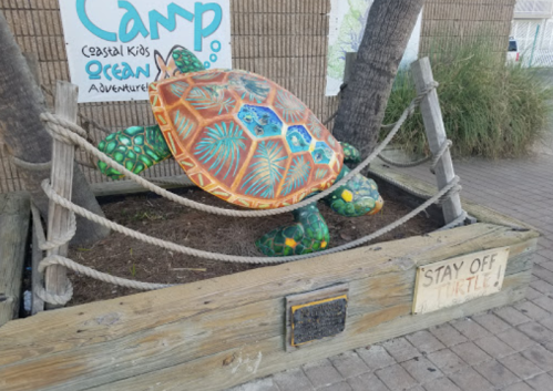 Colorful turtle sculpture on a wooden base with a sign that reads "STAY OFF TURTLE" near a building.