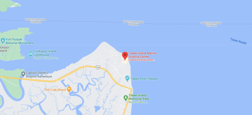 Map showing Tybee Island, Georgia, highlighting the Tybee Island Marine Science Center near the coast.