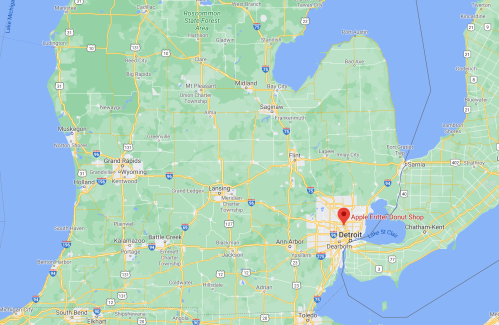 Map of Michigan highlighting Detroit and the location of the Apple Fritter Donut Shop.