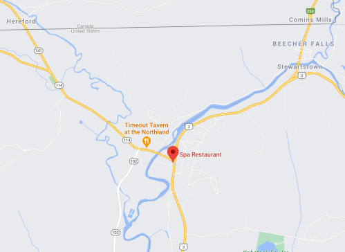 Map showing the location of Spa Restaurant near Timeout Tavern, surrounded by roads and rivers in a rural area.