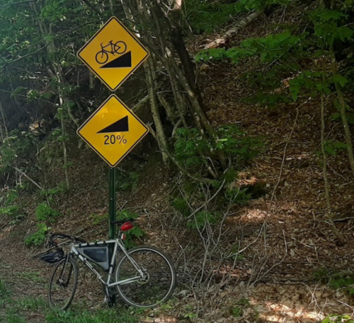 A bike rests against a sign indicating a left turn and a steep 20% downhill slope in a wooded area.