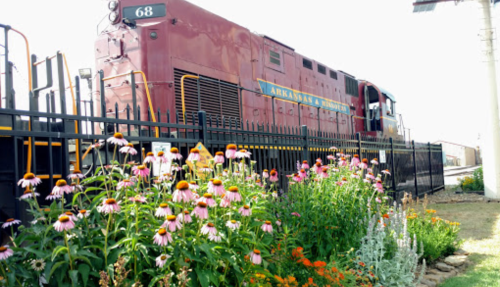 A maroon train engine labeled "Arkansas & Missouri" beside a colorful flower garden.