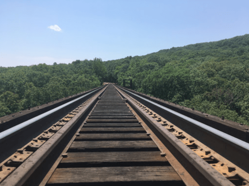 A view of railway tracks stretching into the distance, surrounded by lush green trees under a clear blue sky.