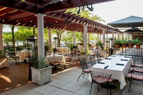 Outdoor dining area with tables, chairs, and greenery under a wooden pergola, creating a cozy atmosphere.