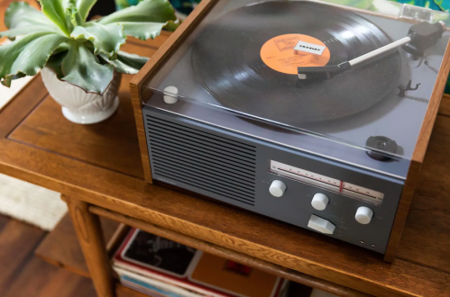 A vintage record player on a wooden table, with a potted plant nearby and vinyl records visible underneath.