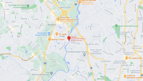 Map showing the location of Cane, a New American restaurant, near Marlow's Tavern in Atlanta, Georgia.