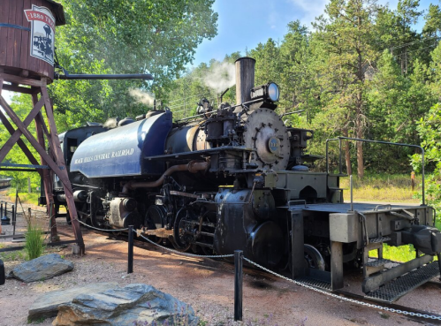 A vintage steam locomotive parked near a water tower, surrounded by trees and rocky terrain. Steam billows from the engine.