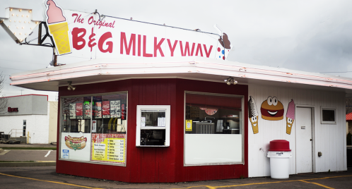 A colorful ice cream shop with a sign reading "The Original B&G Milkyway," featuring cartoon ice cream cones.