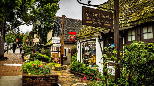 Charming street scene featuring a quaint candy shop with a mossy roof, surrounded by colorful flowers and greenery.