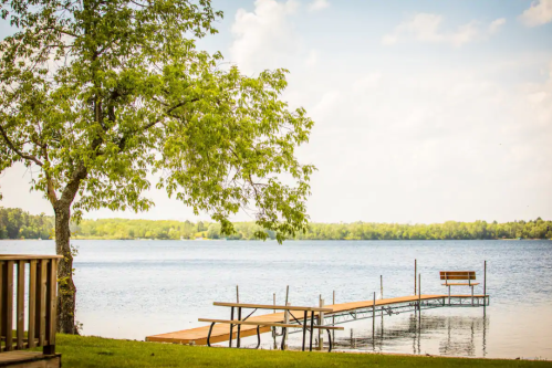 A serene lakeside view featuring a wooden dock, a tree, and calm water under a blue sky with fluffy clouds.