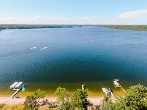 Aerial view of a serene lake with boats, sandy shore, and lush greenery under a clear blue sky.