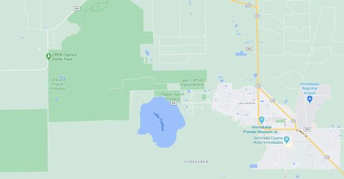Map showing Lake Trafford, nearby preserves, and the town of Immokalee, Florida, with roads and landmarks labeled.