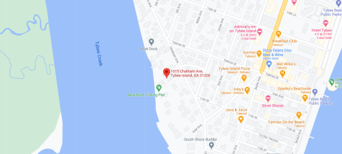 Map showing 1615 Chatham Ave, Tybee Island, GA 31328, near Tybee Creek and local landmarks.