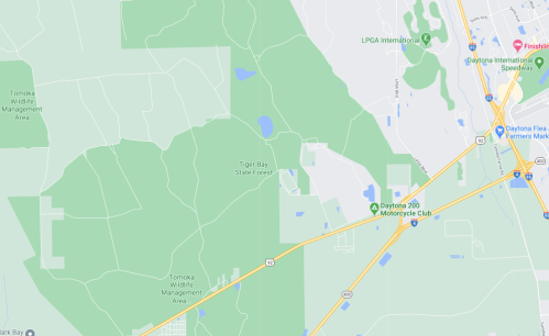 Map showing Tiger Bay State Forest and surrounding areas, including Tomoka Wildlife Management Area and nearby roads.