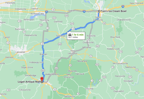 Map showing directions from Logan Antique Mall to Tom's Ice Cream Bowl, covering 45.1 miles in about 1 hour and 6 minutes.