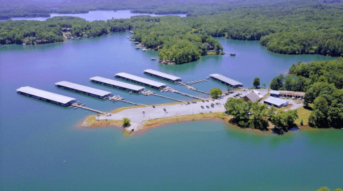 Aerial view of a marina with boat docks on a serene lake surrounded by lush green trees.