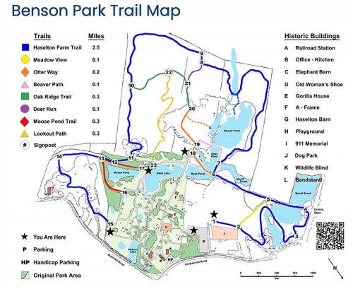Map of Benson Park trails, showing routes, distances, and locations of historic buildings and parking areas.