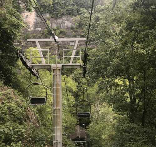 A chairlift descends through a lush green forest, surrounded by trees and rocky cliffs.