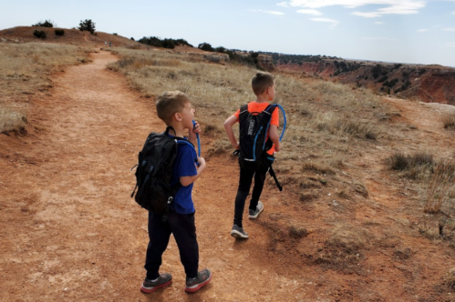 Two young boys with backpacks walking along a dirt path in a scenic outdoor area.