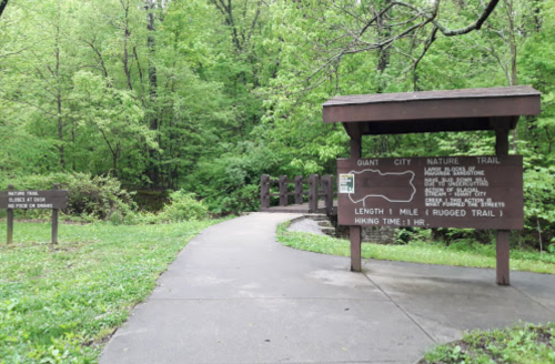 A path leading to a nature trail sign in a lush green forest, indicating a 1-mile rugged hiking trail.