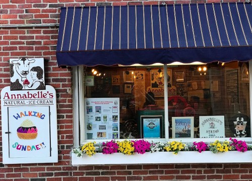 A charming ice cream shop with a sign, colorful flowers, and a window displaying menus and announcements.