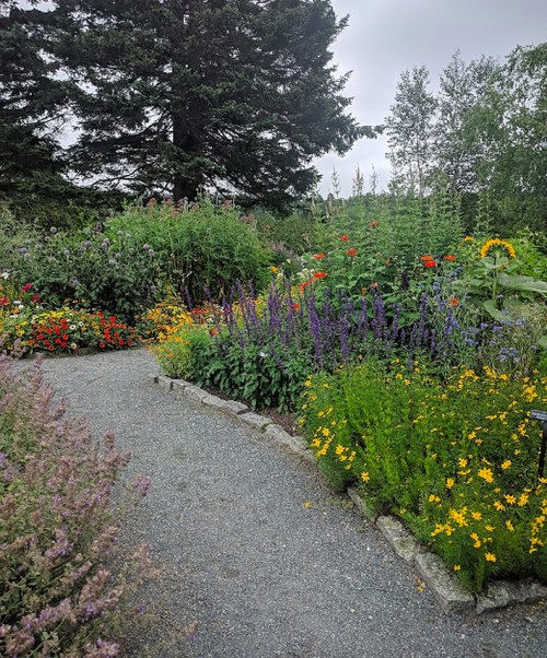 A winding path through a vibrant garden filled with colorful flowers and lush greenery under a cloudy sky.
