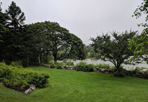 A serene landscape featuring a grassy area, trees, and a calm lake under a cloudy sky.