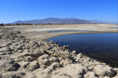 A barren landscape with rocky shores, a calm water body, and distant mountains under a clear blue sky.