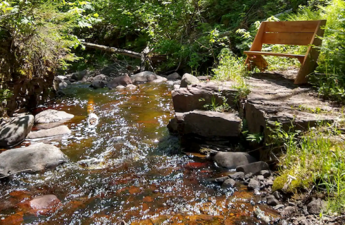 A serene stream flows beside a wooden bench, surrounded by lush greenery and rocky banks.