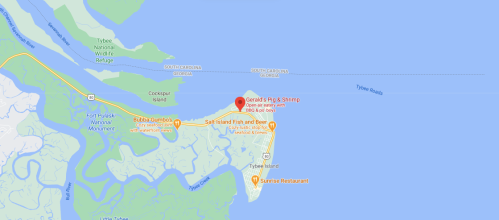 Map showing the location of Gerald's Pig & Shrimp near Tybee Island, Georgia, with nearby restaurants and waterways.