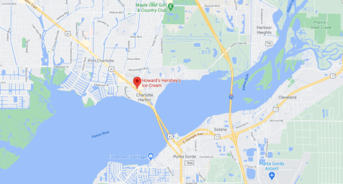 Map showing Charlotte Harbor with a marker for Howard's Hershey's Ice Cream, near Port Charlotte, Florida.