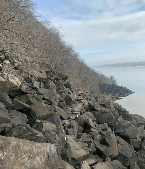 Rocky shoreline with large boulders and sparse trees along a calm body of water under a cloudy sky.