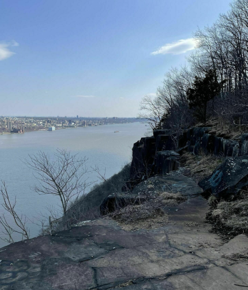 A rocky cliff overlooking a calm river, with trees lining the edge and a distant city skyline under a clear sky.