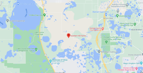 Map showing Southern Hill Farms location, surrounded by lakes and parks in Orange County, Florida.