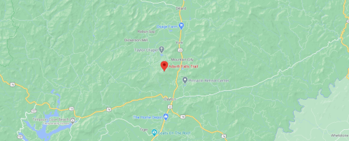 Map showing the location of Adahi Falls Trail near Mountain City, Tennessee, with nearby landmarks and roads.