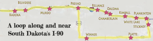 Map showing a loop along and near South Dakota's I-90, highlighting towns like Winner, Chamberlain, and Kadoka.